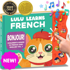 Lulu Learns French book cover with interactive songs for early language exposure.