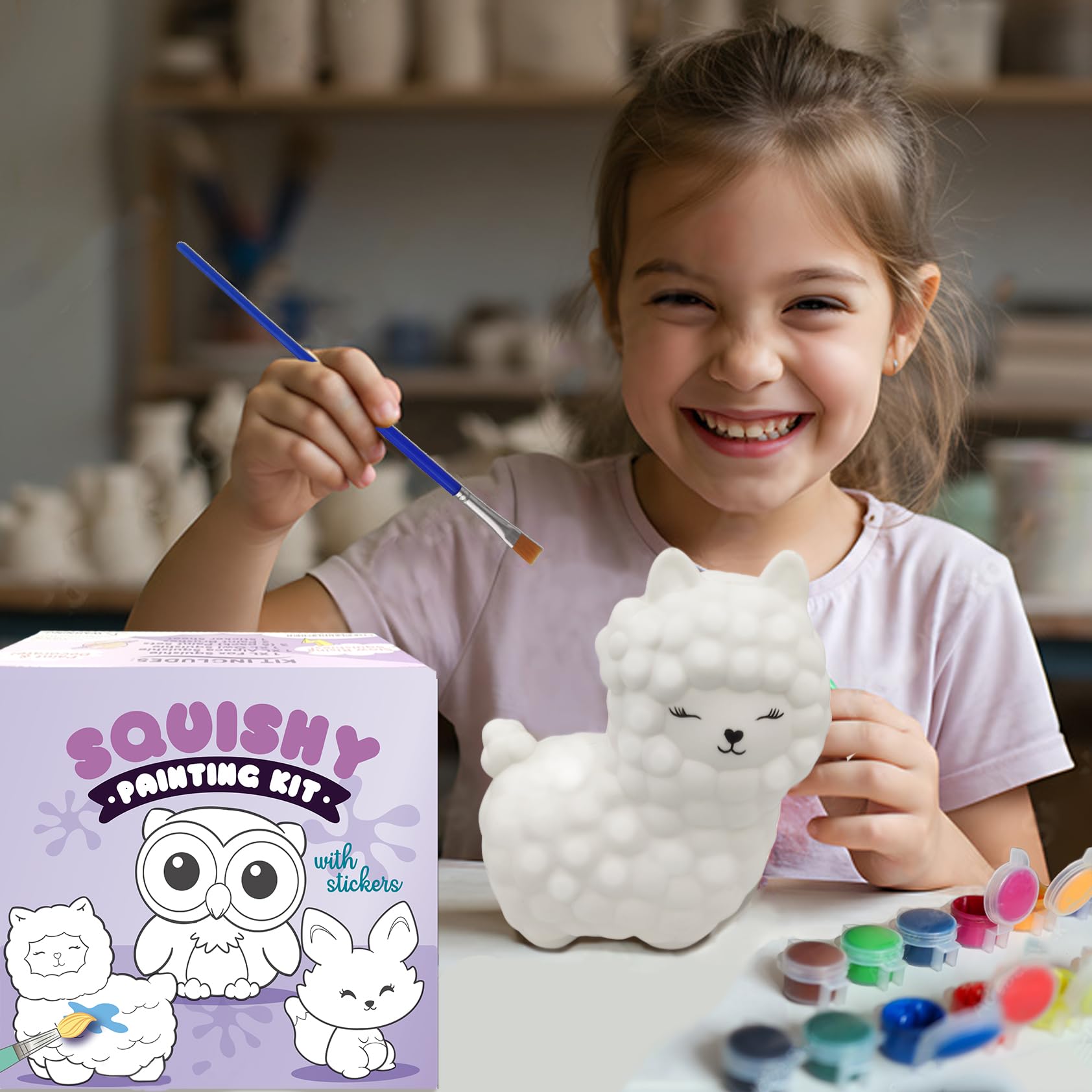 luluburd Paint Your Own Squishy Kit Fox painting promotes color mixing and sensory fun.