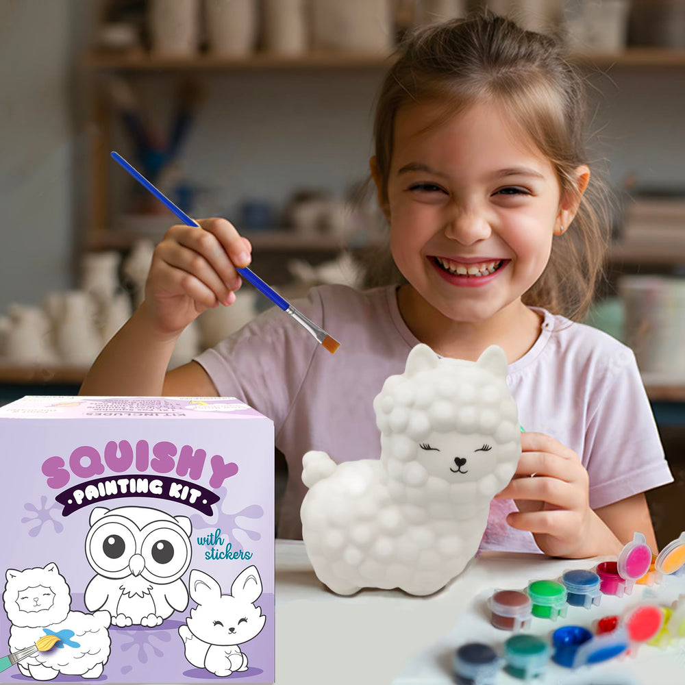 luluburd Paint Your Own Squishy Kit Fox painting promotes color mixing and sensory fun.
