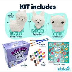 luluburd Paint Your Own Squishy Kit Llama painting encourages imagination and tactile crafting.
