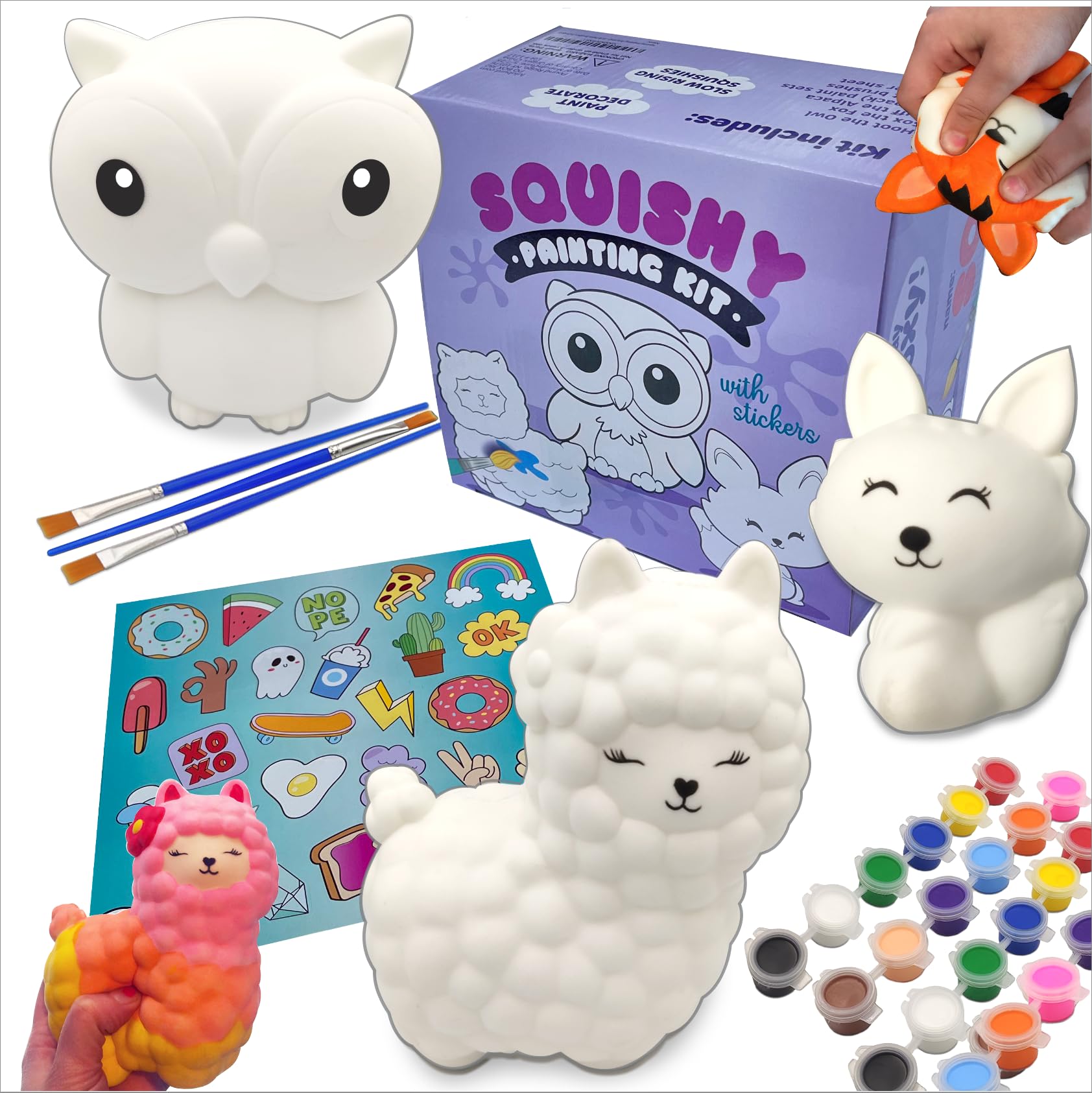 luluburd Paint Your Own Squishy Kit Owl painting shows kids coloring for creative play.