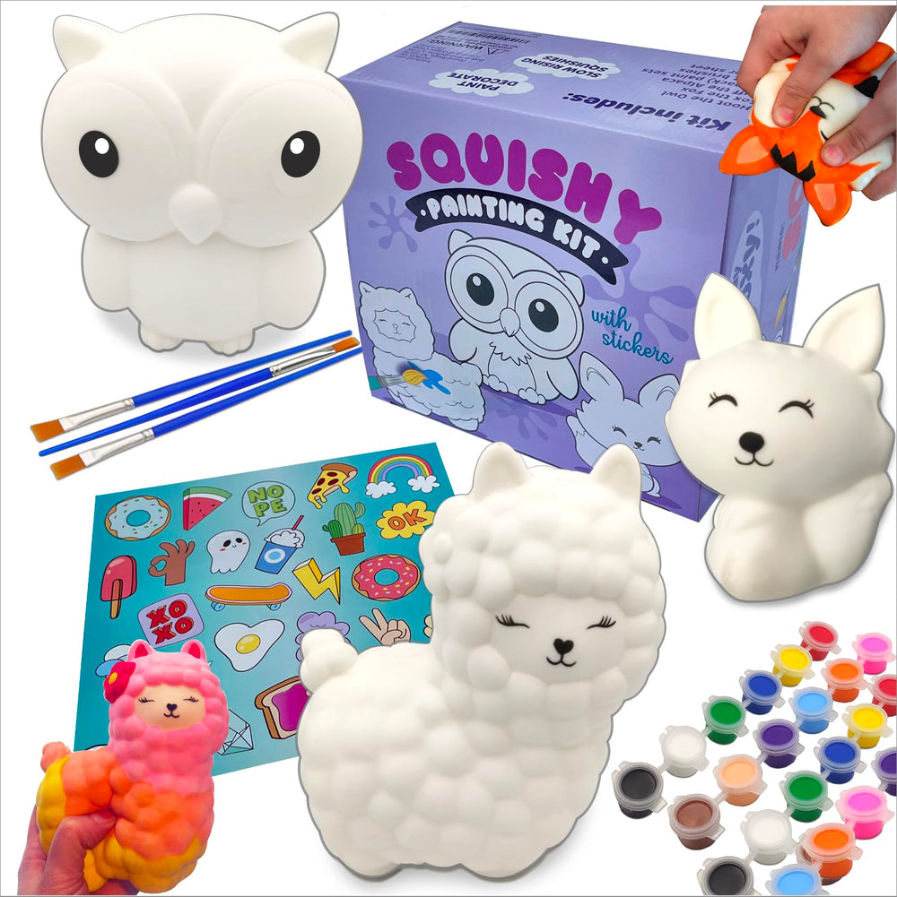 luluburd Paint Your Own Squishy Kit Owl painting shows kids coloring for creative play.