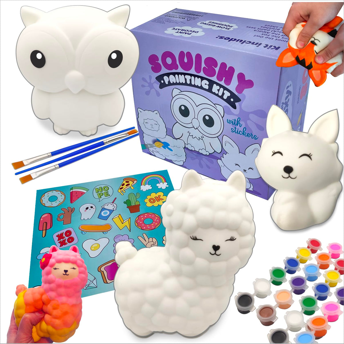 luluburd Paint Your Own Squishy Kit Owl painting shows kids coloring for creative play.