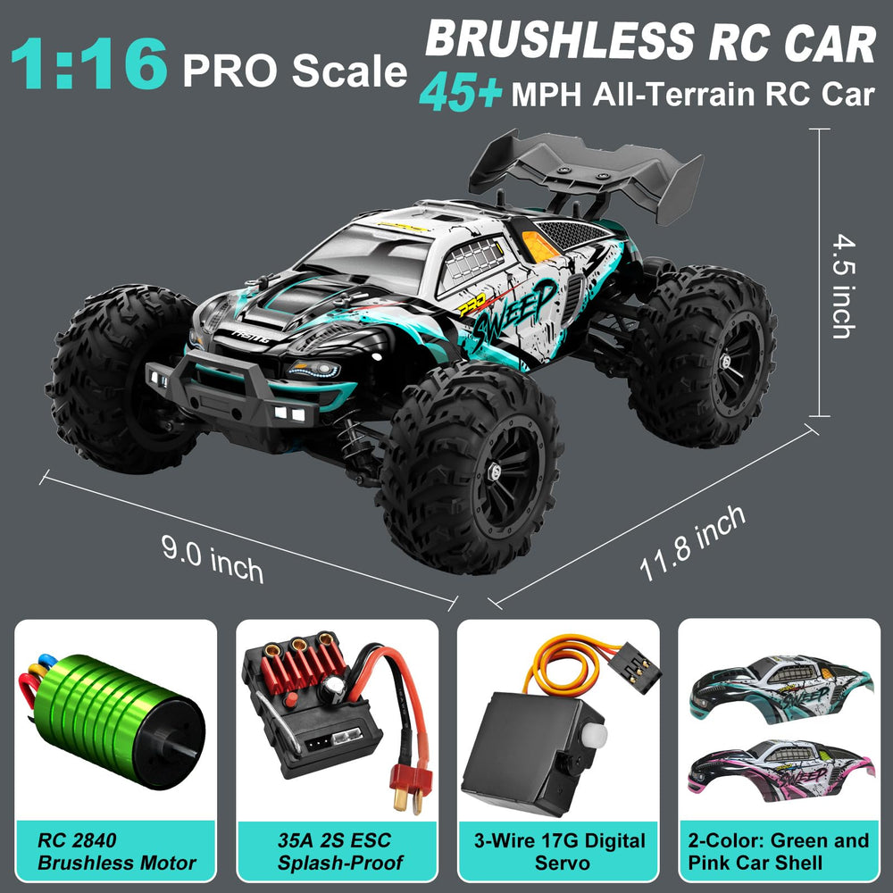 LUMENAS 1:16 RC car side view emphasizes rugged 4WD traction