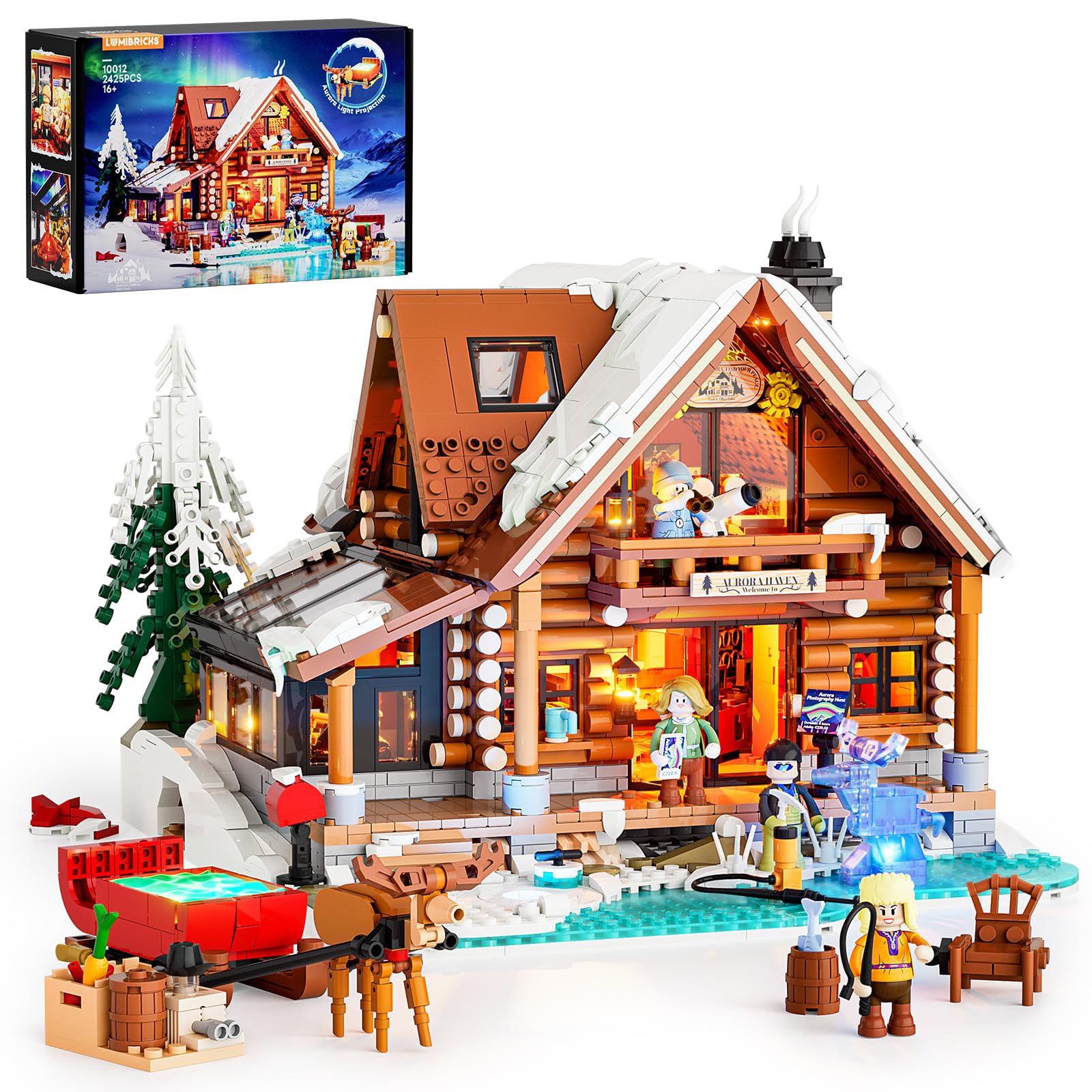 Lumibricks Aurora-Cabin with aurora projection creates a captivating festive display.