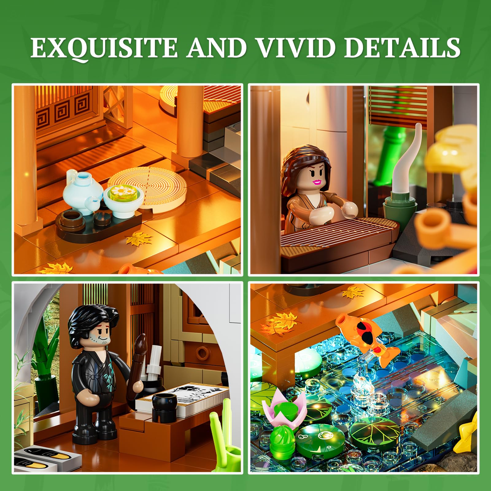 Lumibricks Bamboo-House Lighting Koi Pond Lotus – evokes tranquil water garden vibes.