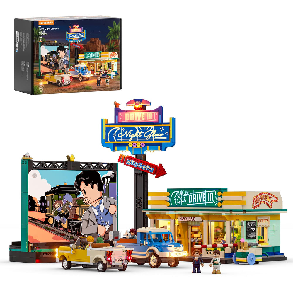 Lumibricks City Drive-in billboard glows, adding retro desk ambiance.