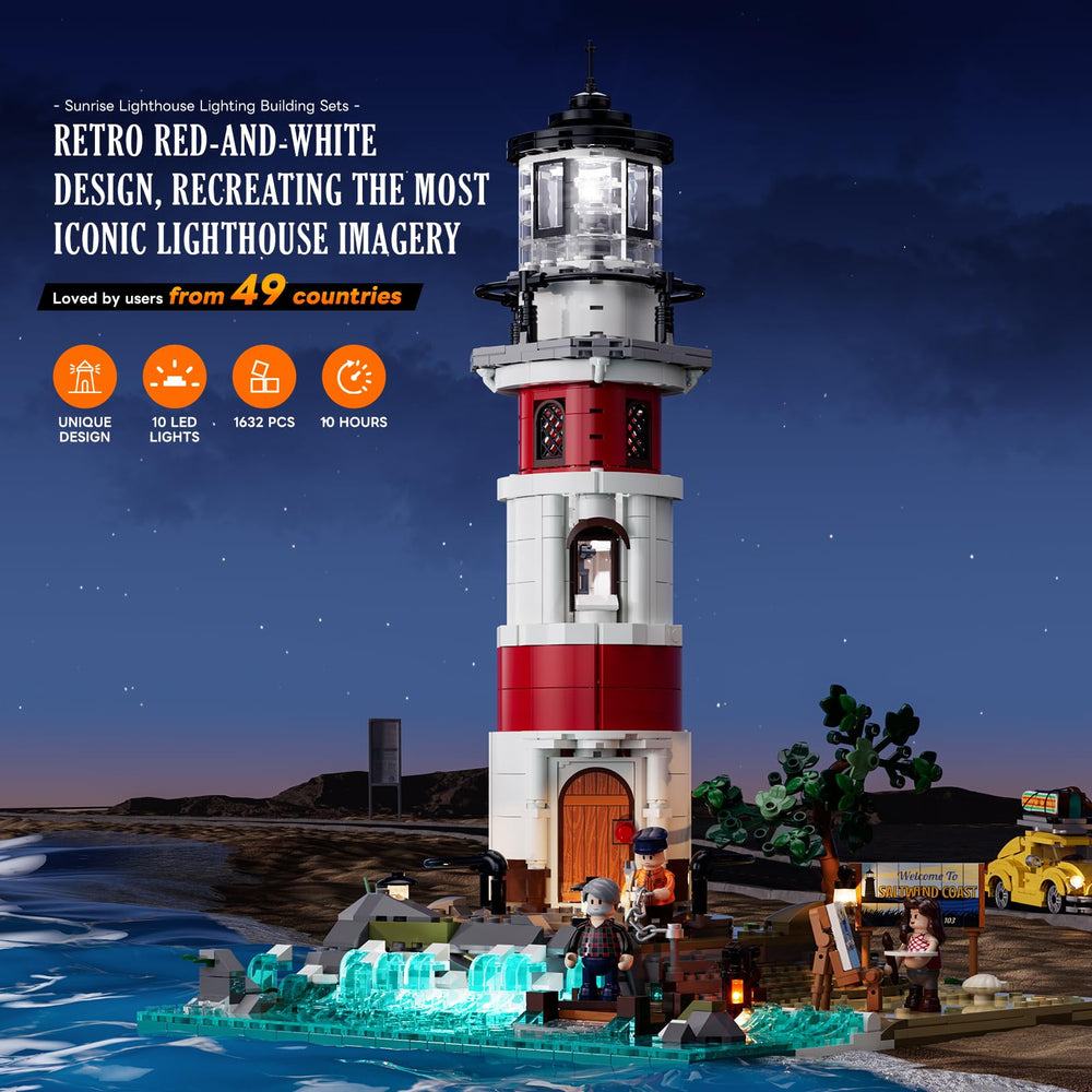 Lumibricks City Sunrise Lighthouse rotating-light enables dramatic night-time display.