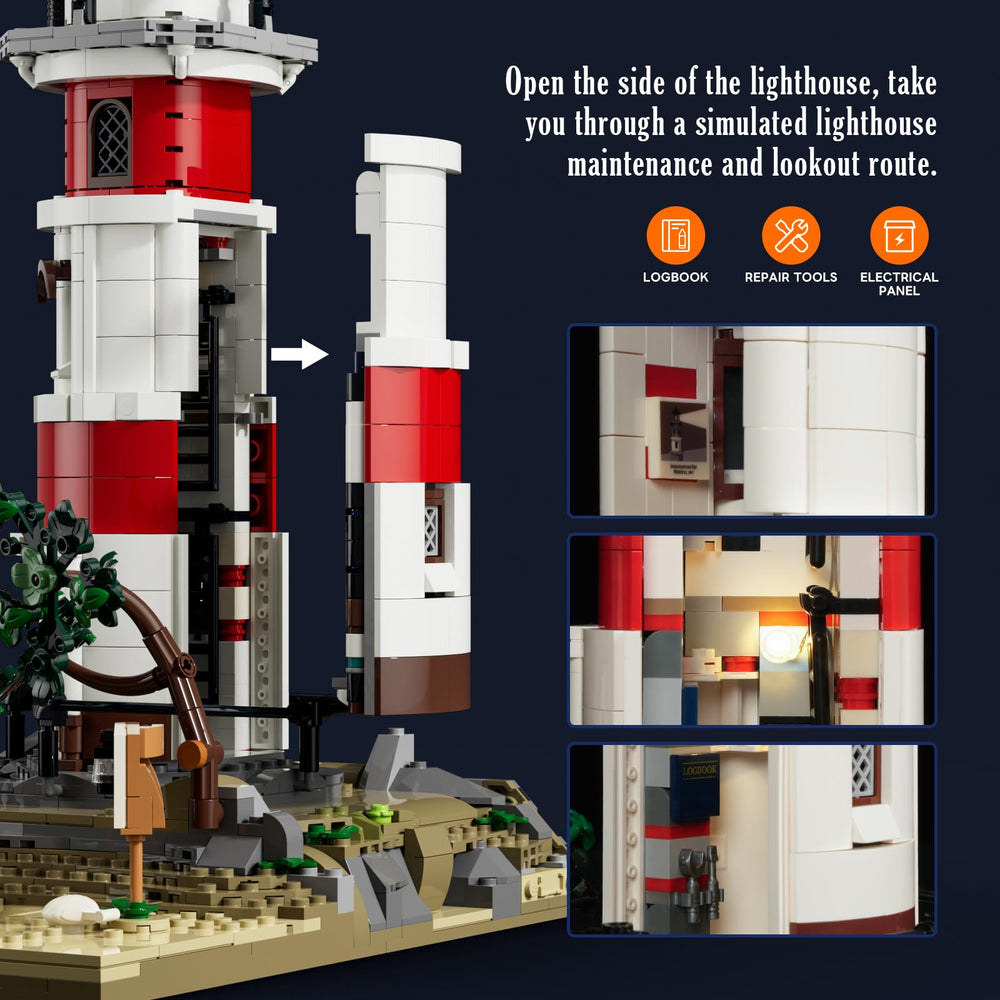 Lumibricks City Sunrise Lighthouse waves-texture enhances realistic seaside diorama.