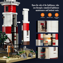 Lumibricks City Sunrise Lighthouse waves-texture enhances realistic seaside diorama.