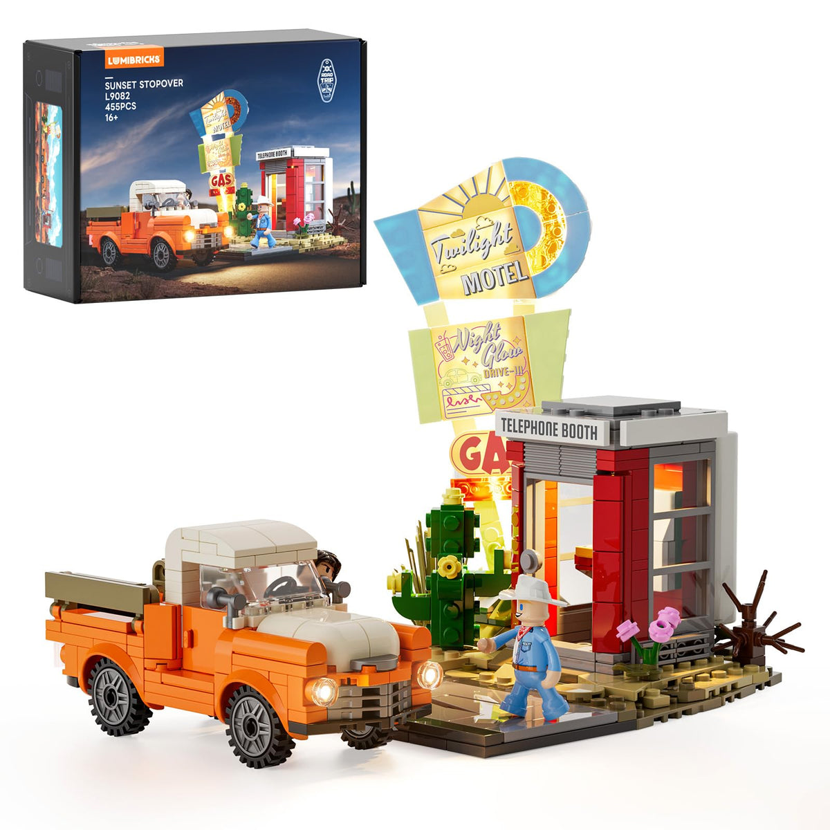 Lumibricks City Sunset Stopover lighting enhances nostalgic roadside display with warm retro glow.