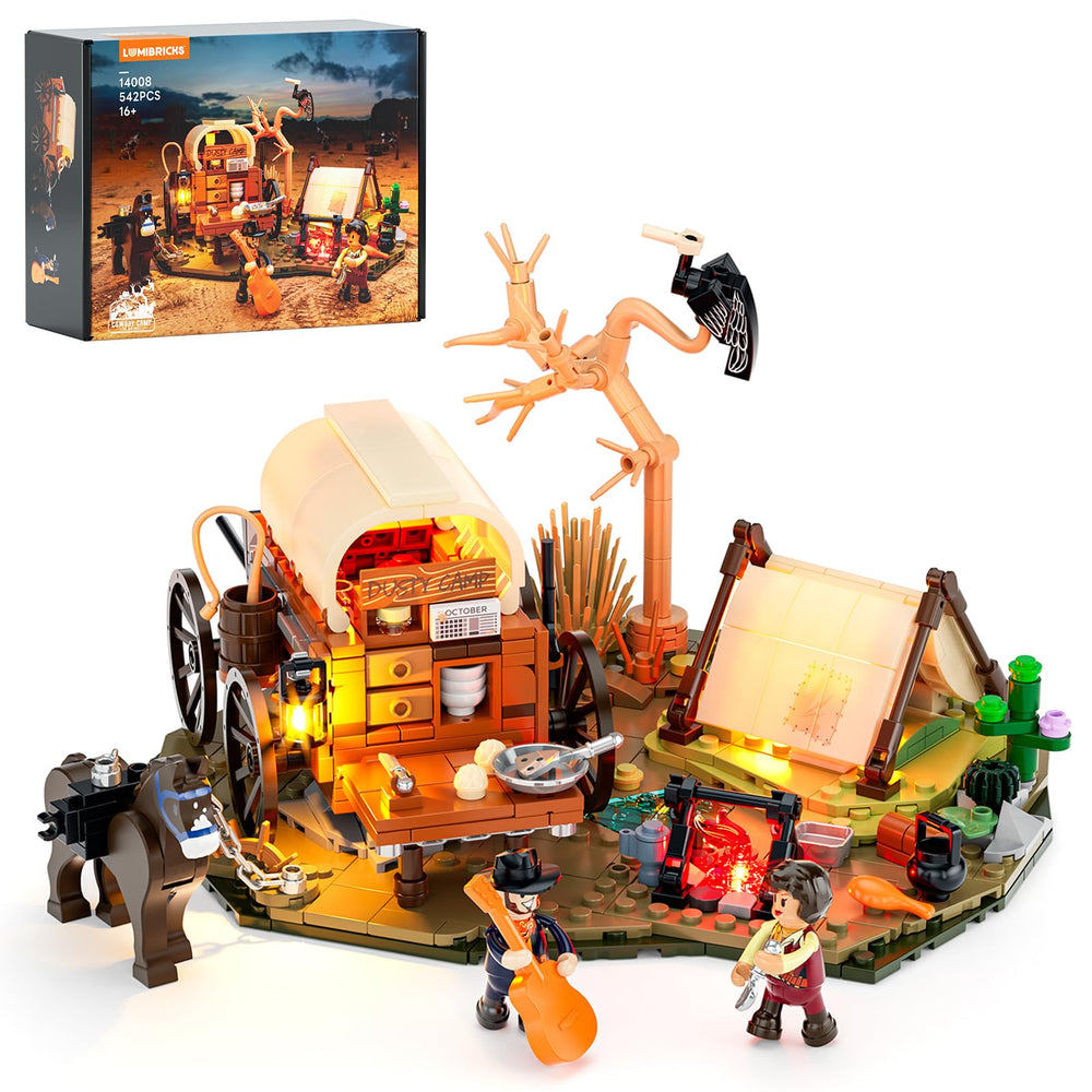 Lumibricks cowboy camp wagon for Wild West display and storytelling.