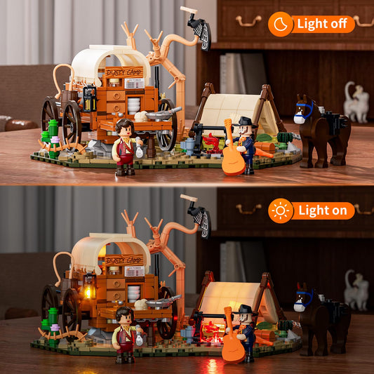 Lumibricks campfire glow highlights dramatic frontier scenes for displays.