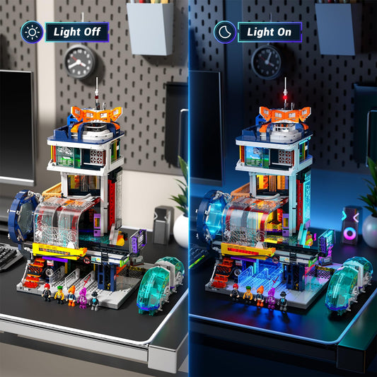 Lumibricks cyberpunk tracks illusion with mirrors creating infinite depth in a diorama