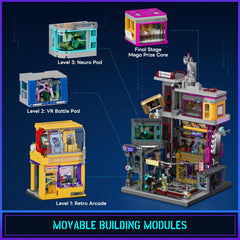 Lumibricks elevator feature enables multi-floor action within the cyberpunk setup.