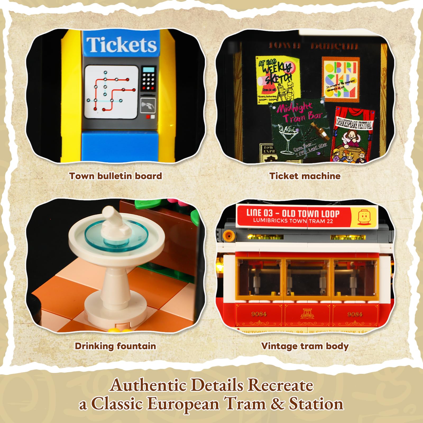 Lumibricks Heritage station platform showcases ticket machine and signage for authentic scene setup.