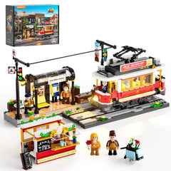 Lumibricks Heritage tram exterior lights brighten a classic streetcar display with day-to-night ambiance.