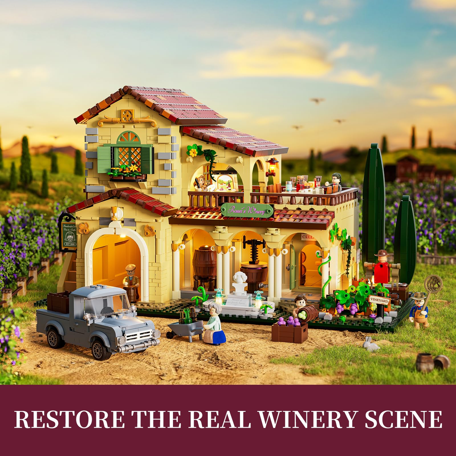 Lumibricks illuminated points and light strips enhance drama in the winery setup.