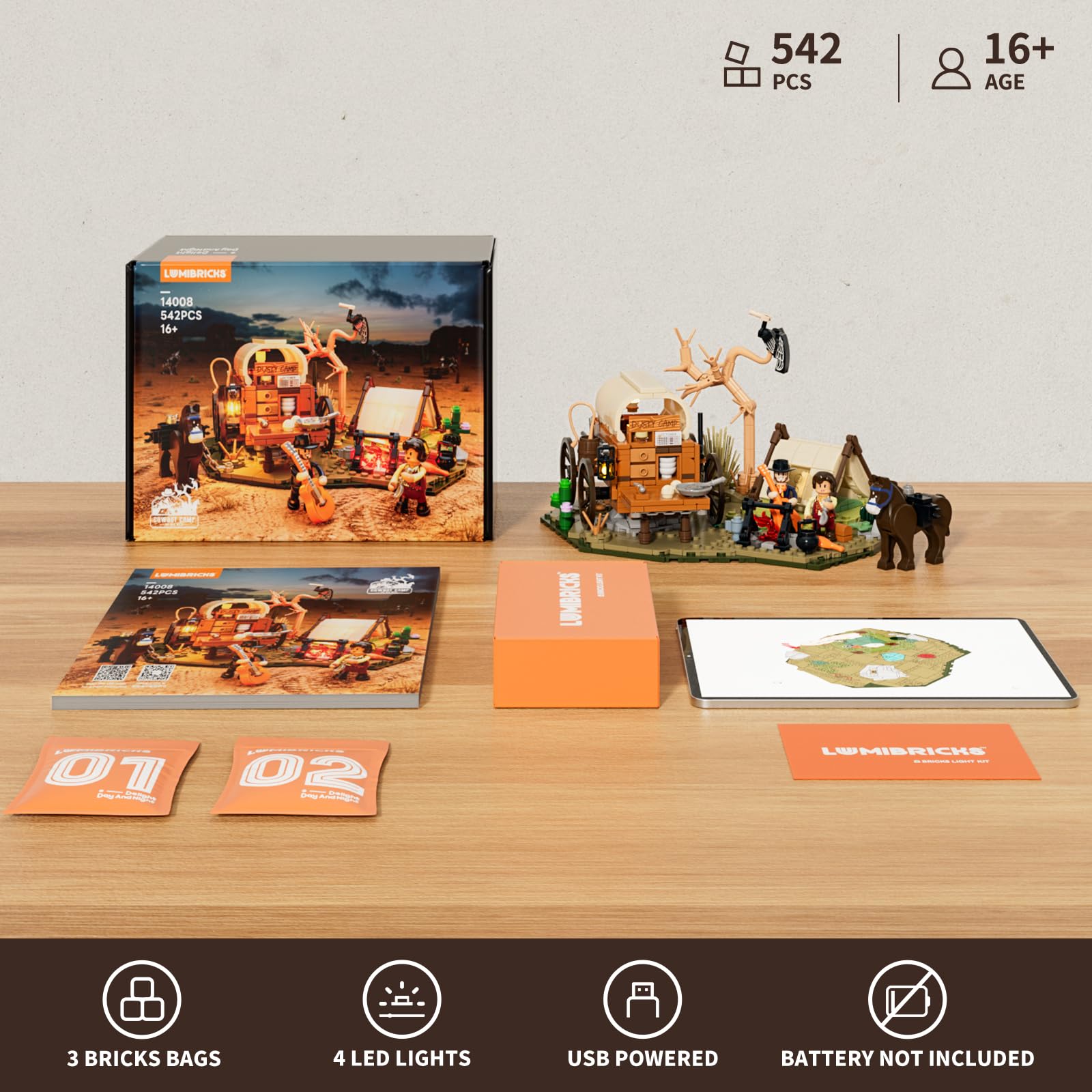 Lumibricks iron rimmed wagon wheels enable rolling wagon scenes.