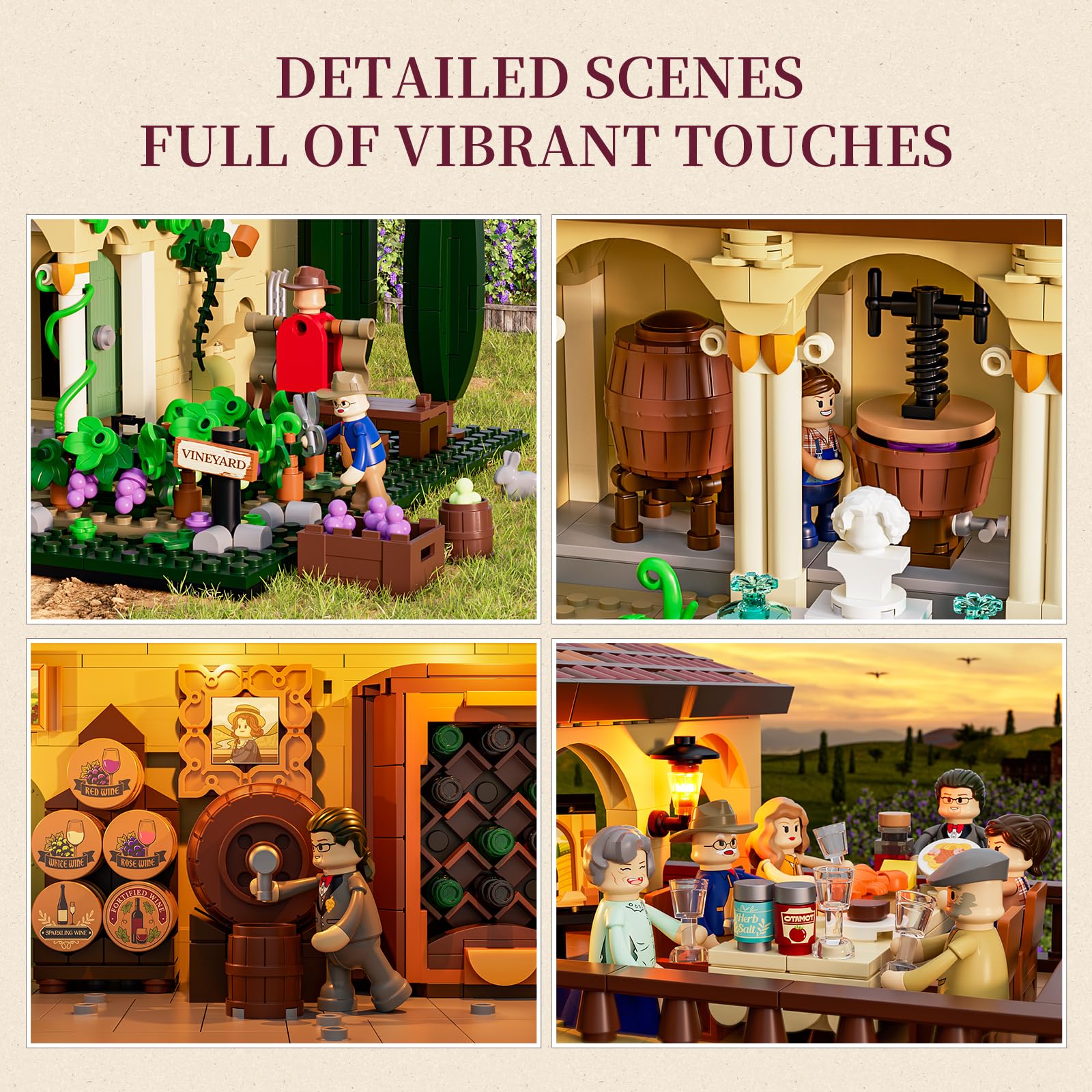 Lumibricks living vineyard scene features six minifigures for daily activity scenes.