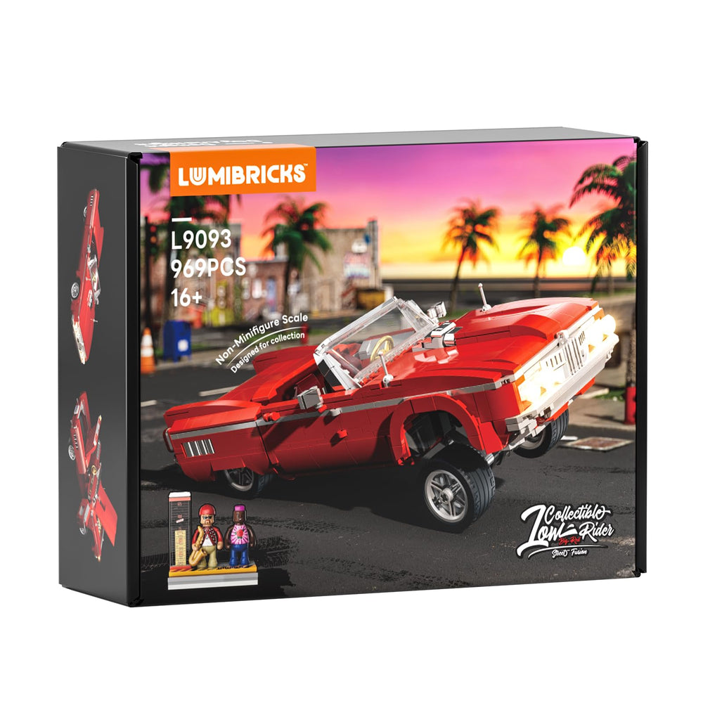 Lumibricks Low Rider Big Red Car hidden battery keeps the chassis clean and tidy.