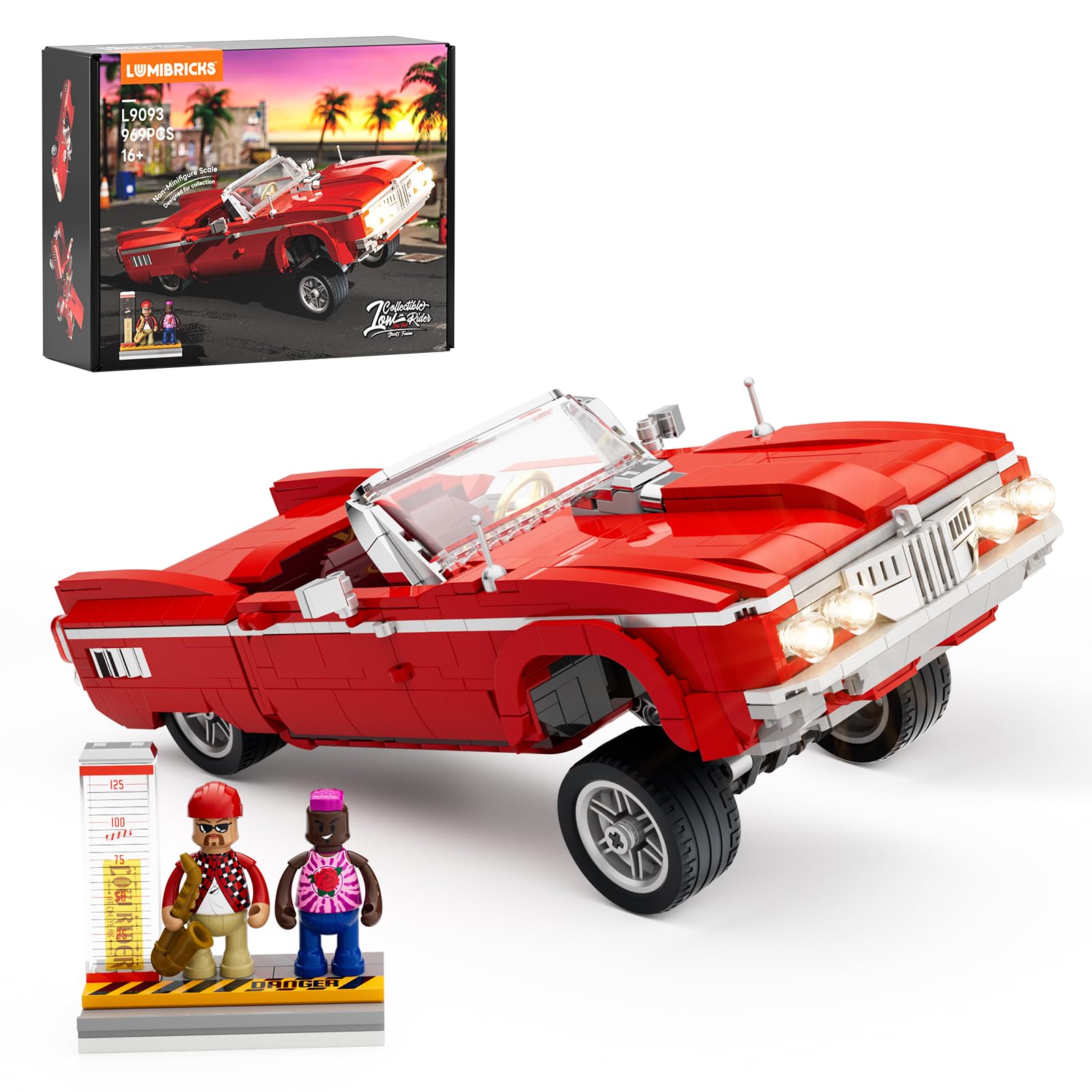 Lumibricks Low Rider Big Red Car front view highlights classic stance and illuminated details.