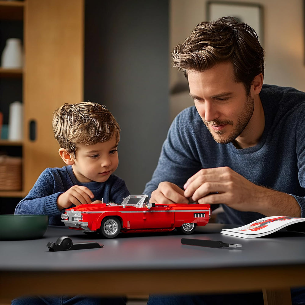 Lumibricks Low Rider Big Red Car vintage interior reveals retro charm and thoughtful design.