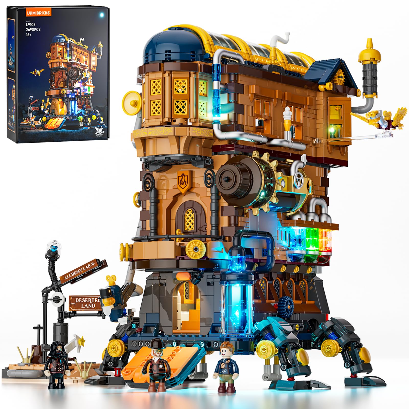 Lumibricks Mecha-Alchemist moving castle on display, a kinetic centerpiece for steampunk shelves.