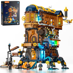 Lumibricks Mecha-Alchemist moving castle on display, a kinetic centerpiece for steampunk shelves.