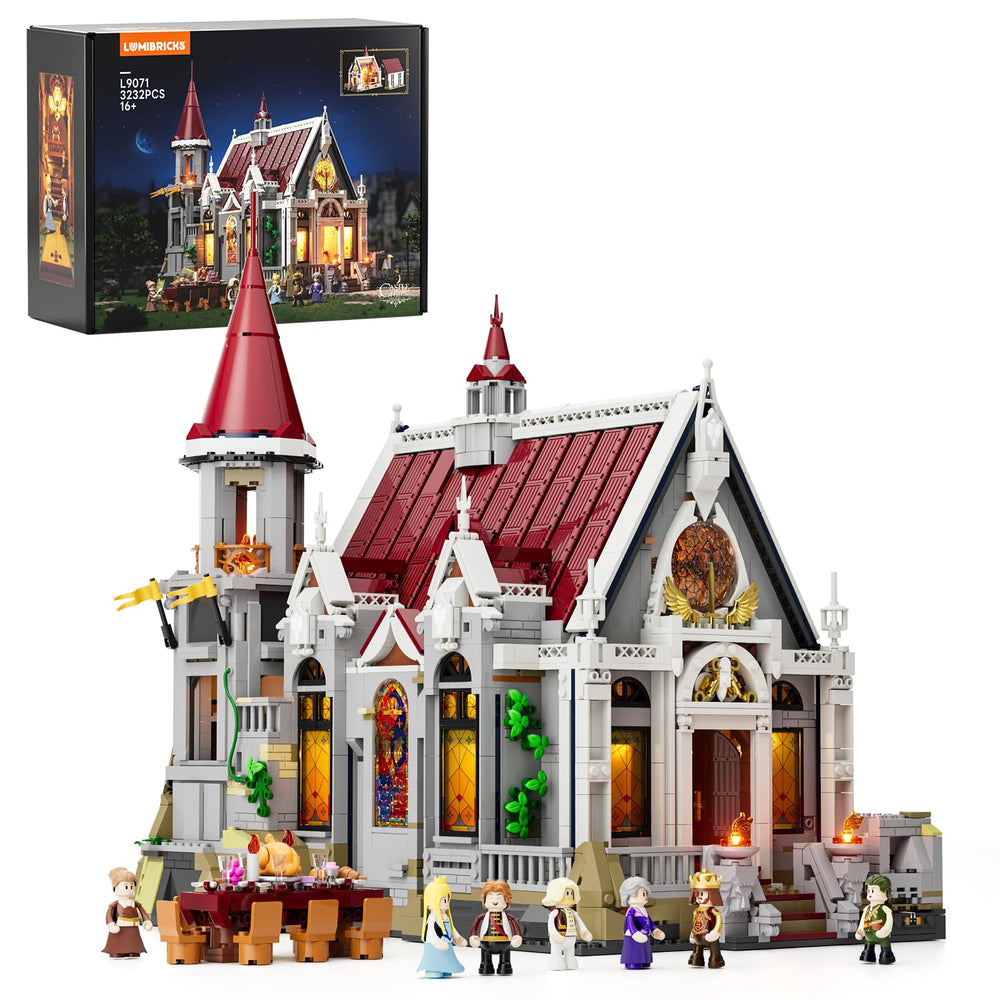 Lumibricks medieval castle banquet hall LED lighting creates vivid stained-glass illumination.