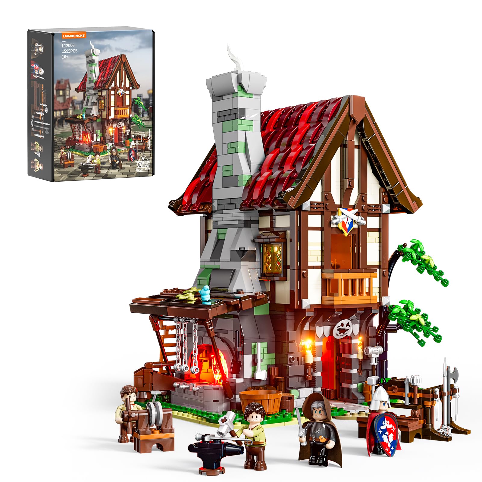 Lumibricks Medieval Forge House front view showing authentic brickwork for display
