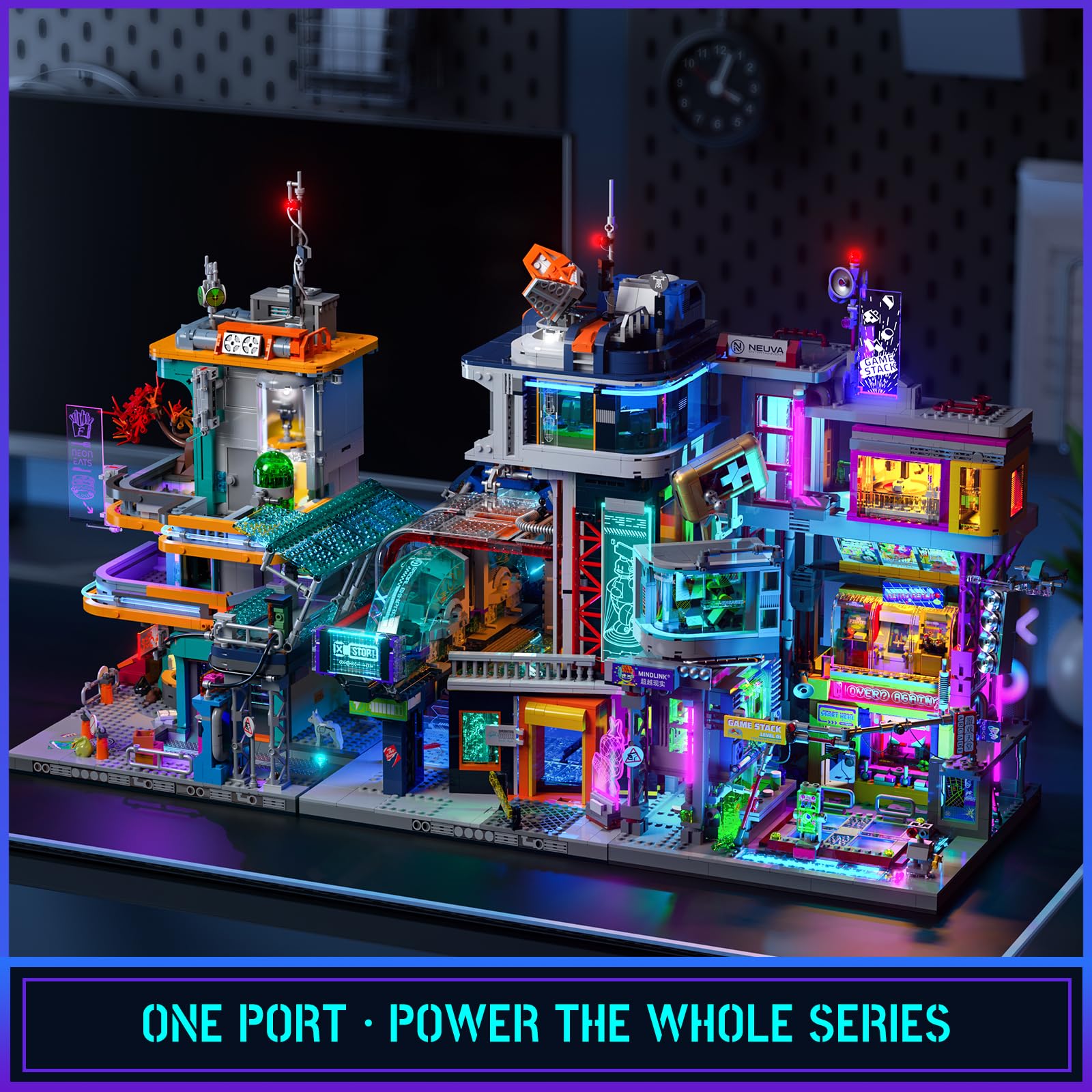 Lumibricks modular lighting system powers the neon city via USB.