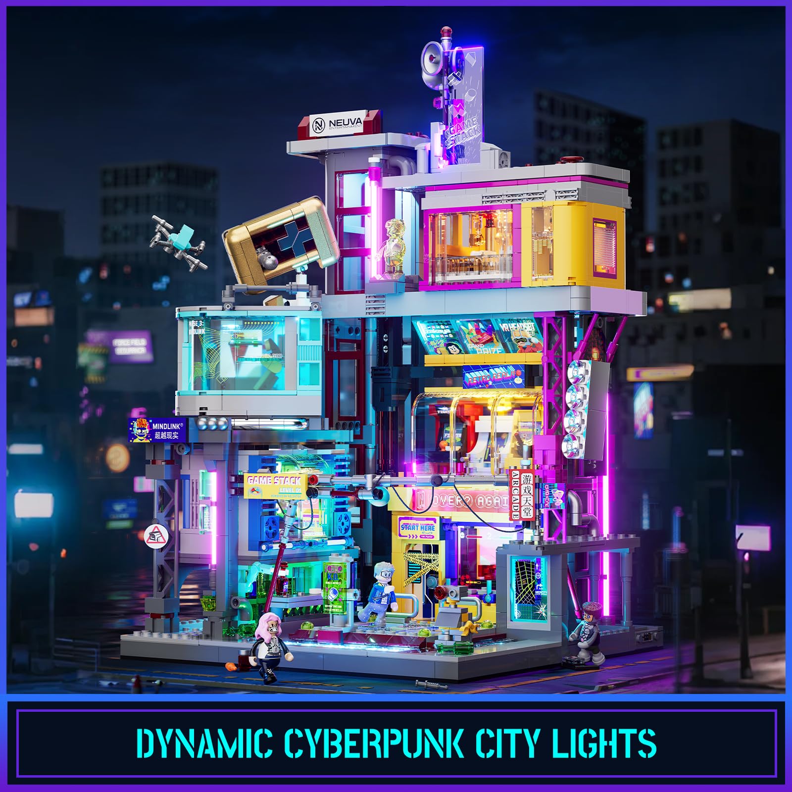 Lumibricks neon lighting with 23 points creates vibrant cyberpunk ambience.