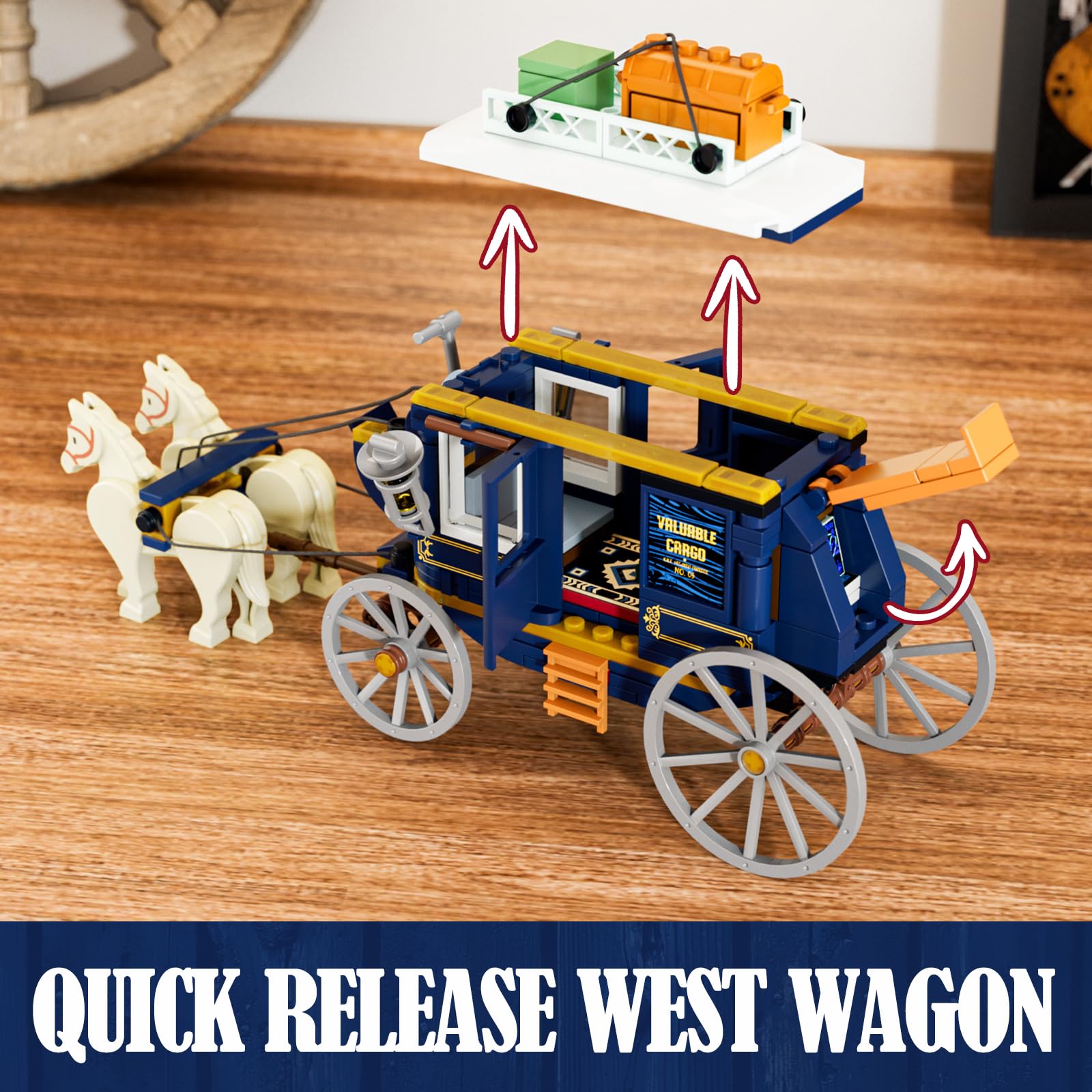 Lumibricks stagecoach treasure chest gems highlights secure storage props for imaginative heist play.