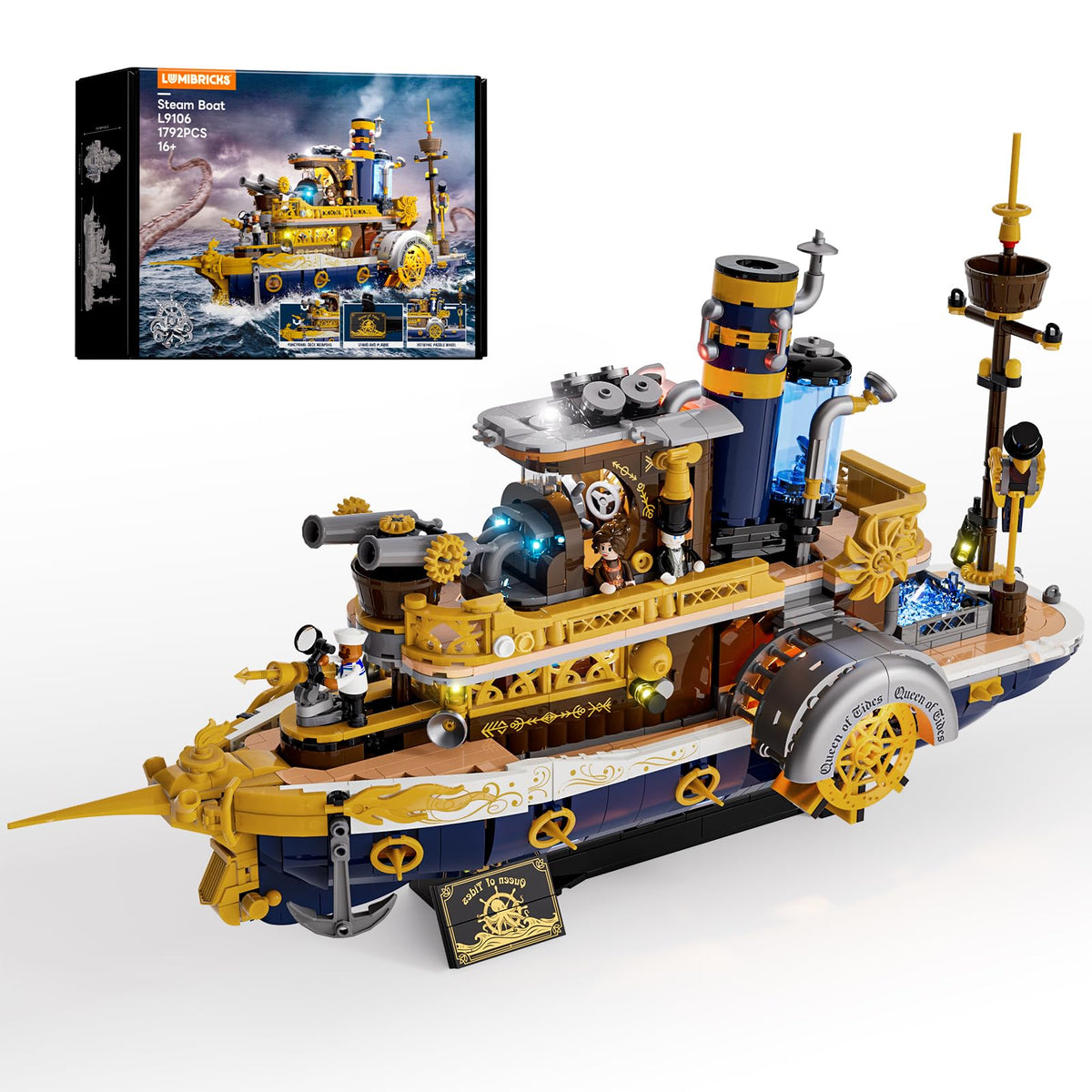 Lumibricks Steampunk Steamship bow lights illuminate the ship's silhouette for dramatic display