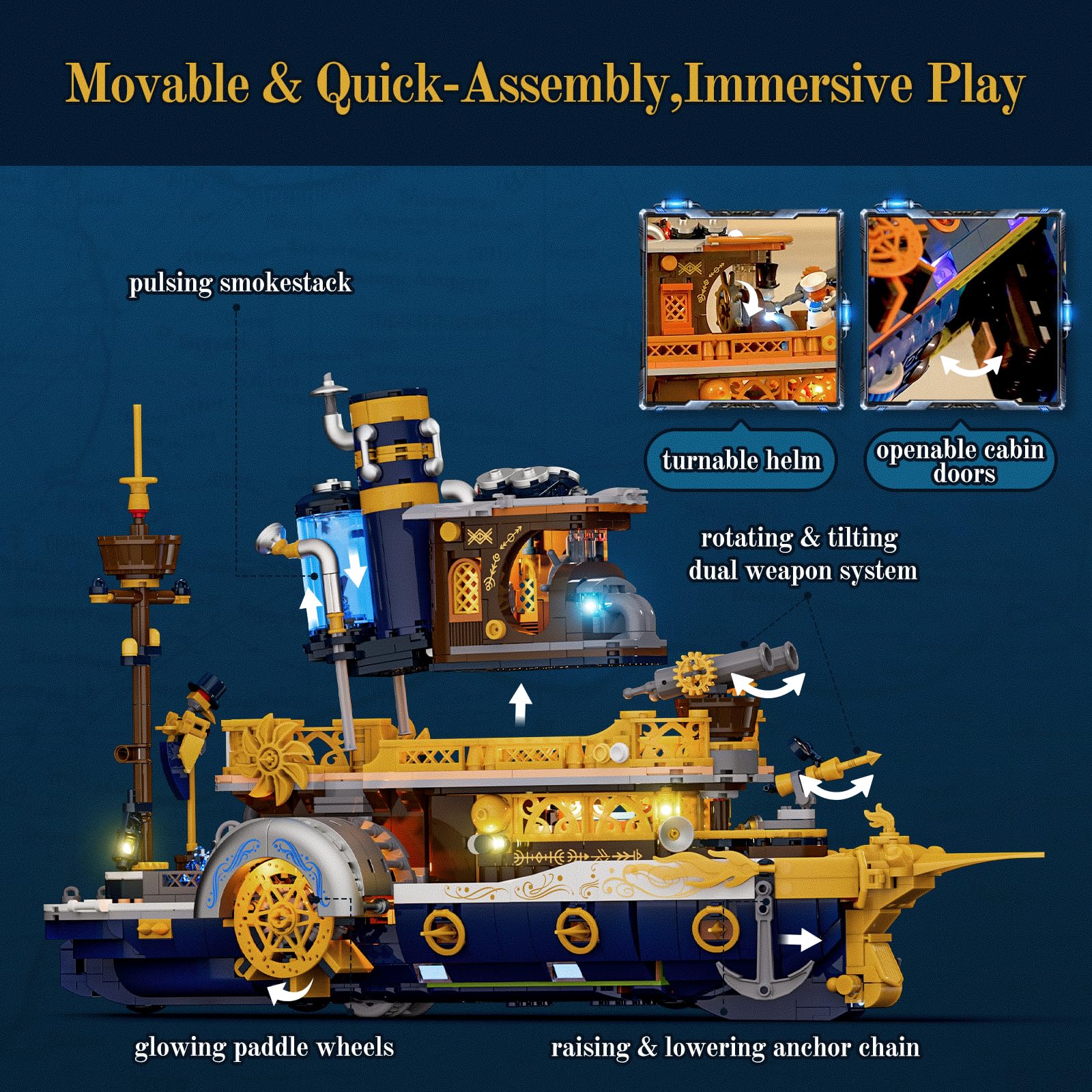 Lumibricks Steampunk Steamship crystal core glows, suggesting arcane energy