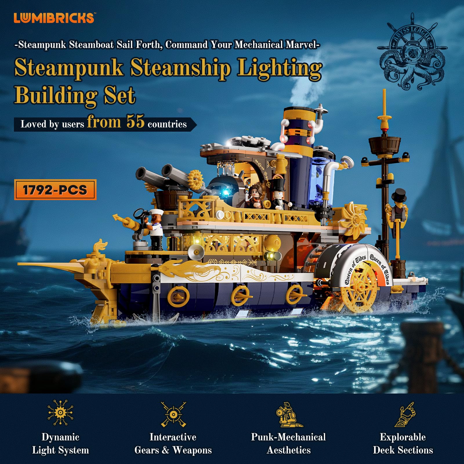 Lumibricks Steampunk Steamship paddle wheels spin with realism for kinetic display