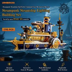 Lumibricks Steampunk Steamship paddle wheels spin with realism for kinetic display