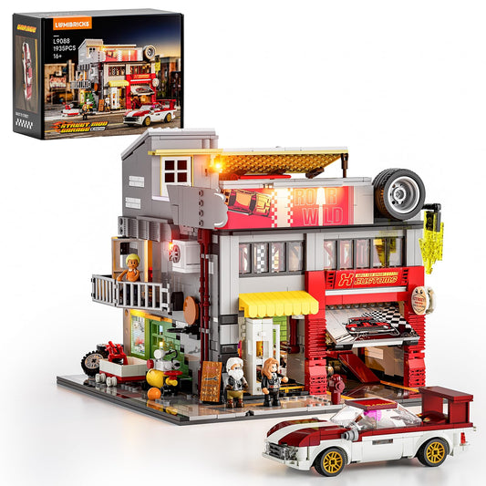 Lumibricks Street MOD Garage facade frontal view showing retro street vibe and modular access.