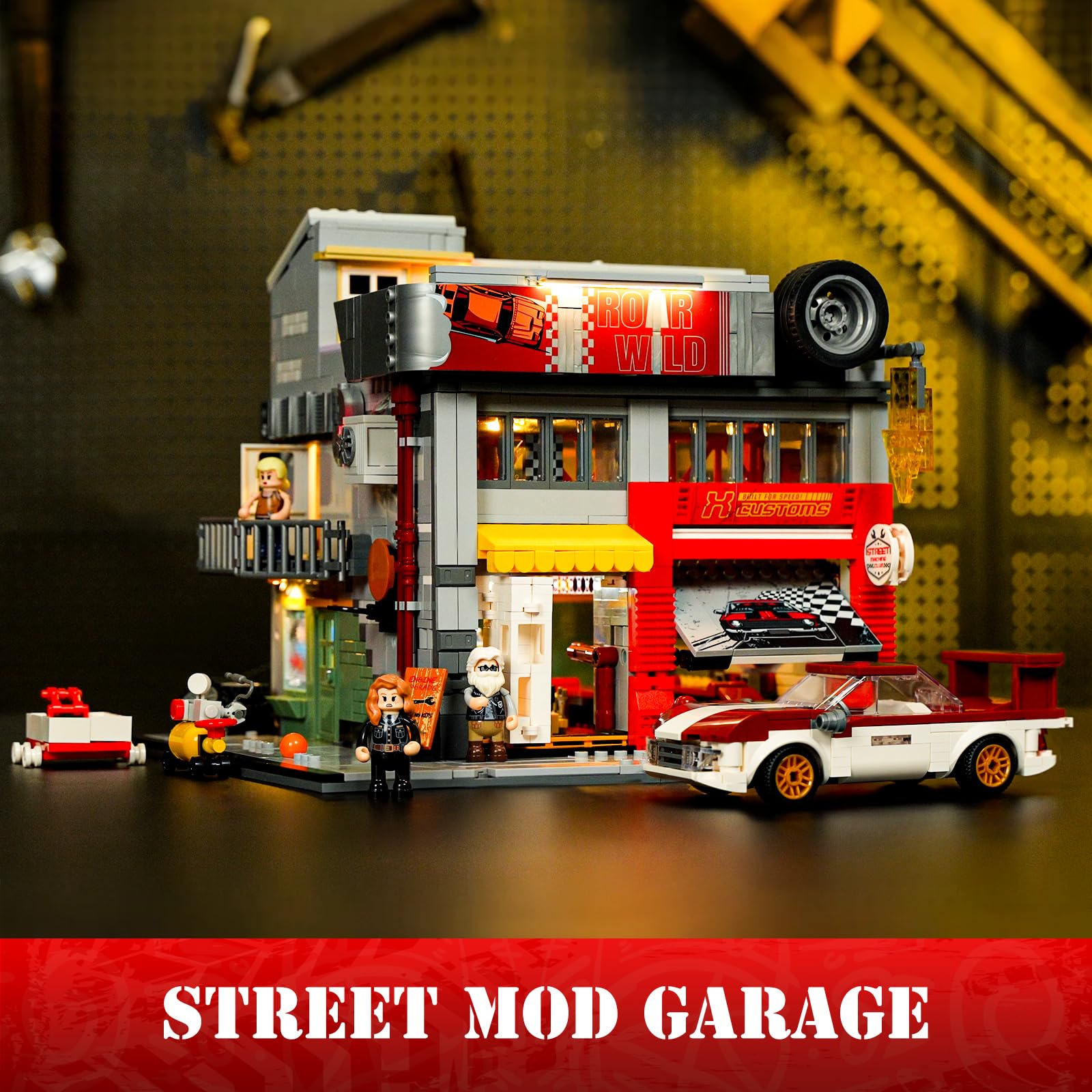 Lumibricks Street MOD Garage interior workshop with tool benches and bays.