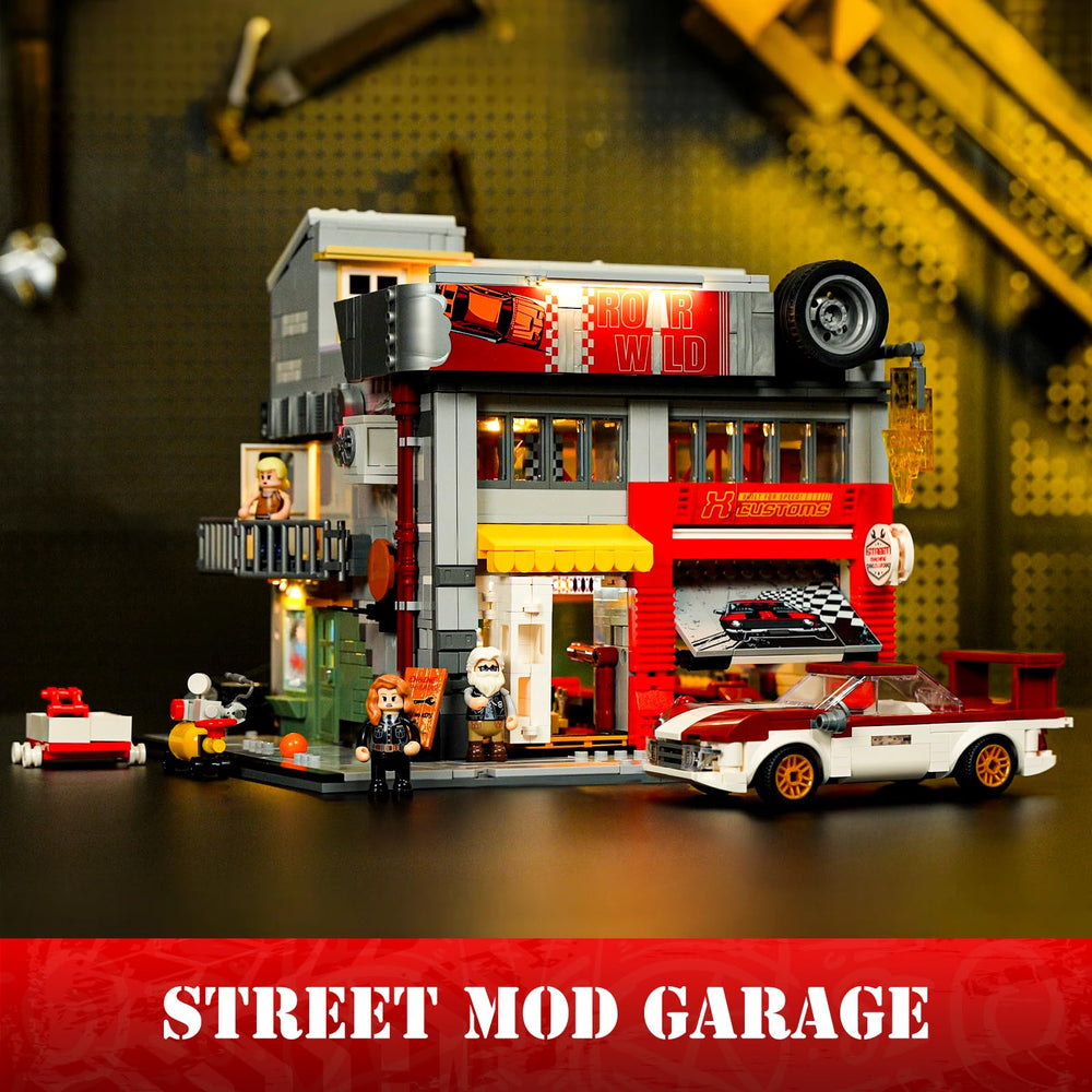 Lumibricks Street MOD Garage interior workshop with tool benches and bays.