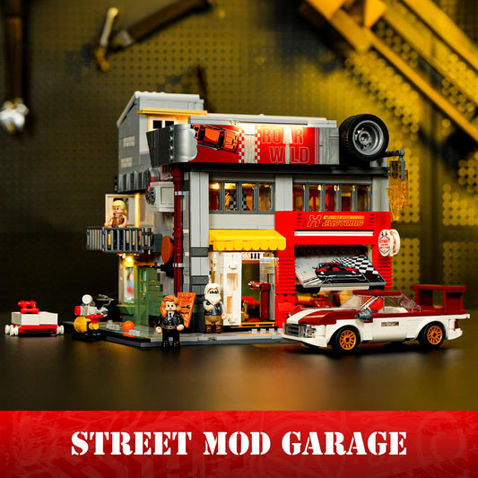 Lumibricks Street MOD Garage interior workshop with tool benches and bays.