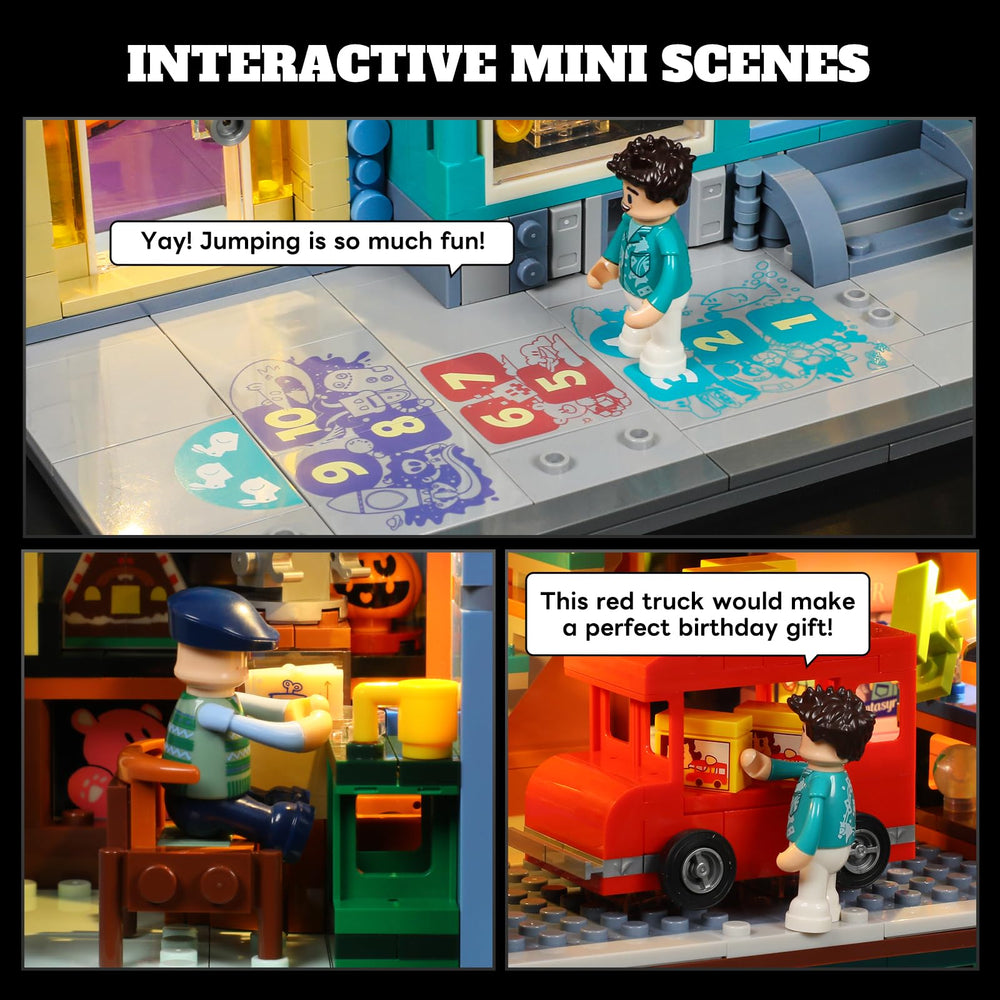 Lumibricks toy store display windows showing vintage scenes.