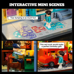 Lumibricks toy store display windows showing vintage scenes.