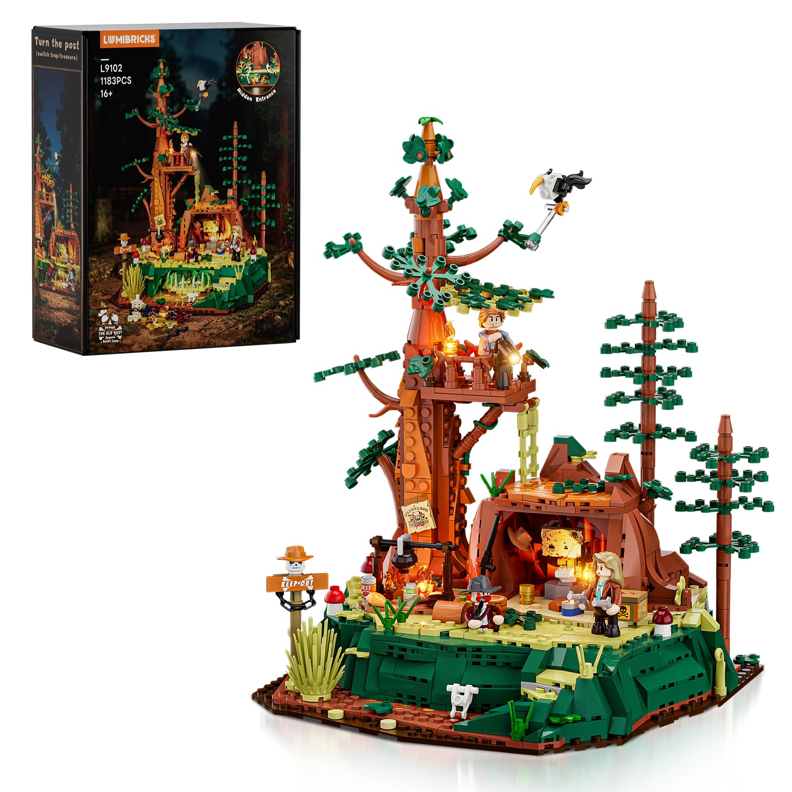Lumibricks Western Sequoia Bandit Outpost with towering sequoia tree for dramatic display.