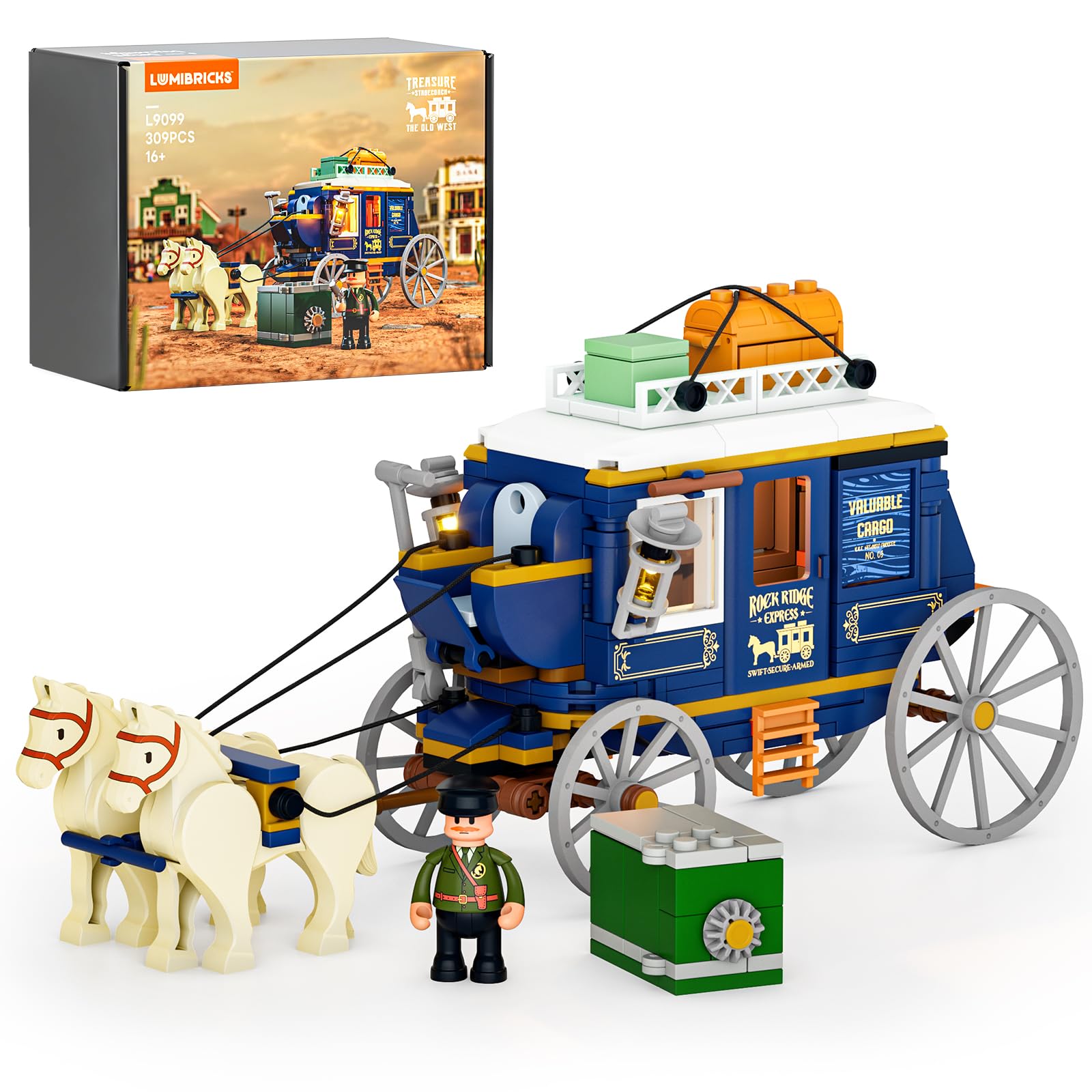 Lumibricks Western treasure stagecoach assembly shows authentic Old West design for immersive building play.