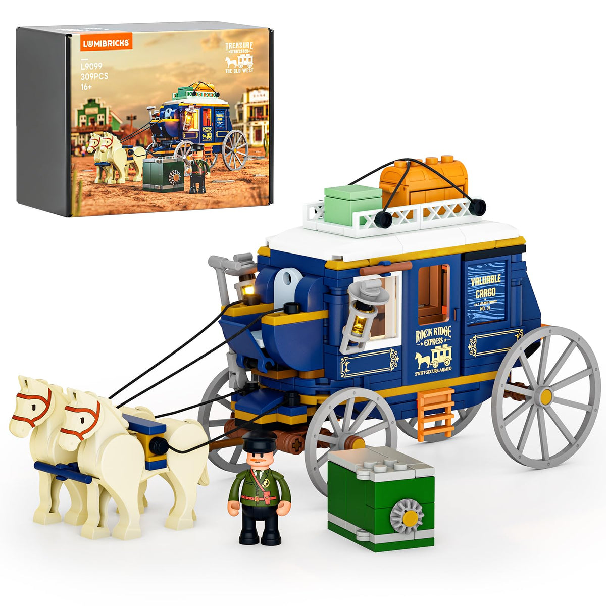 Lumibricks Western treasure stagecoach assembly shows authentic Old West design for immersive building play.