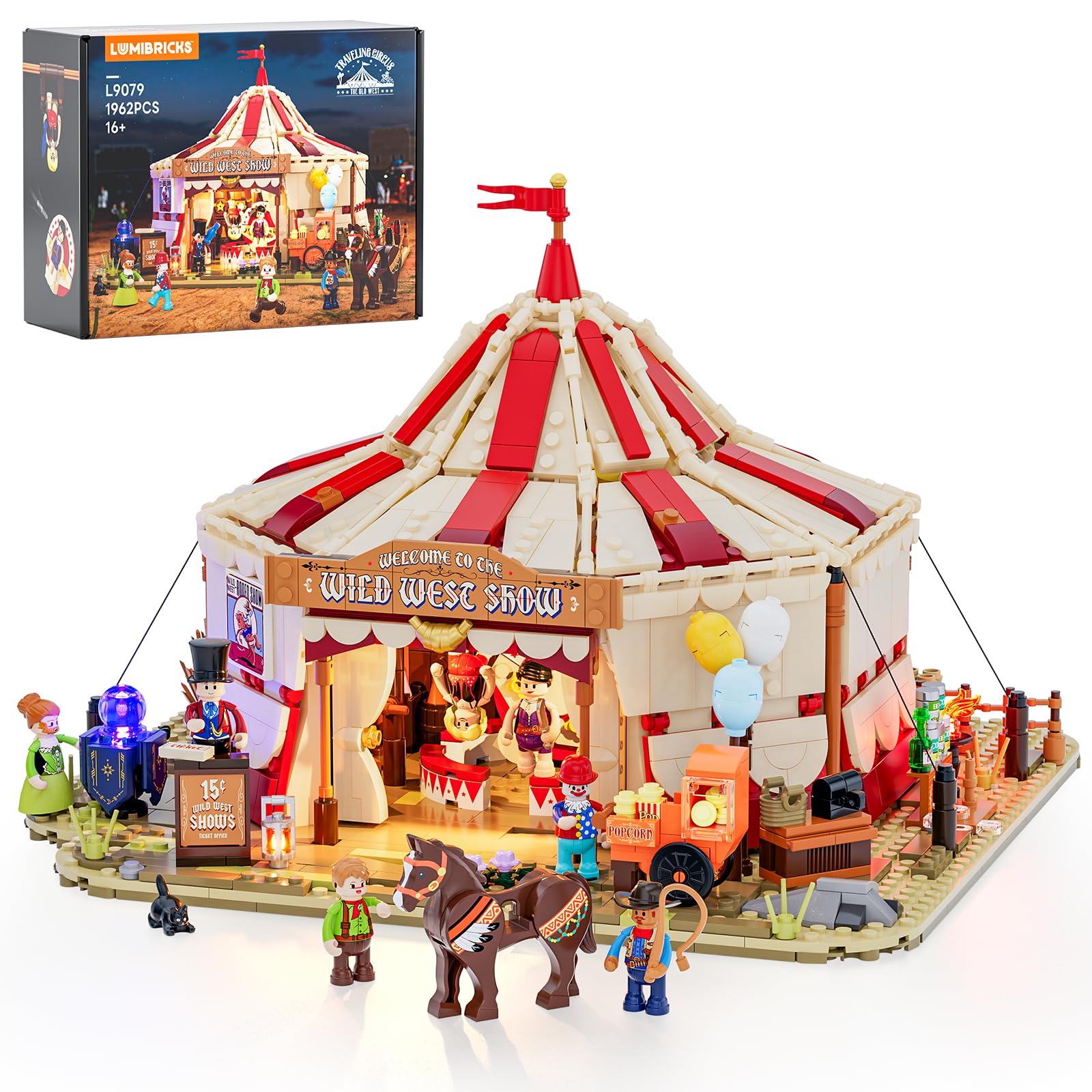 Lumibricks Travelling Circus glowing tent lights illuminate the Wild West show for dramatic display