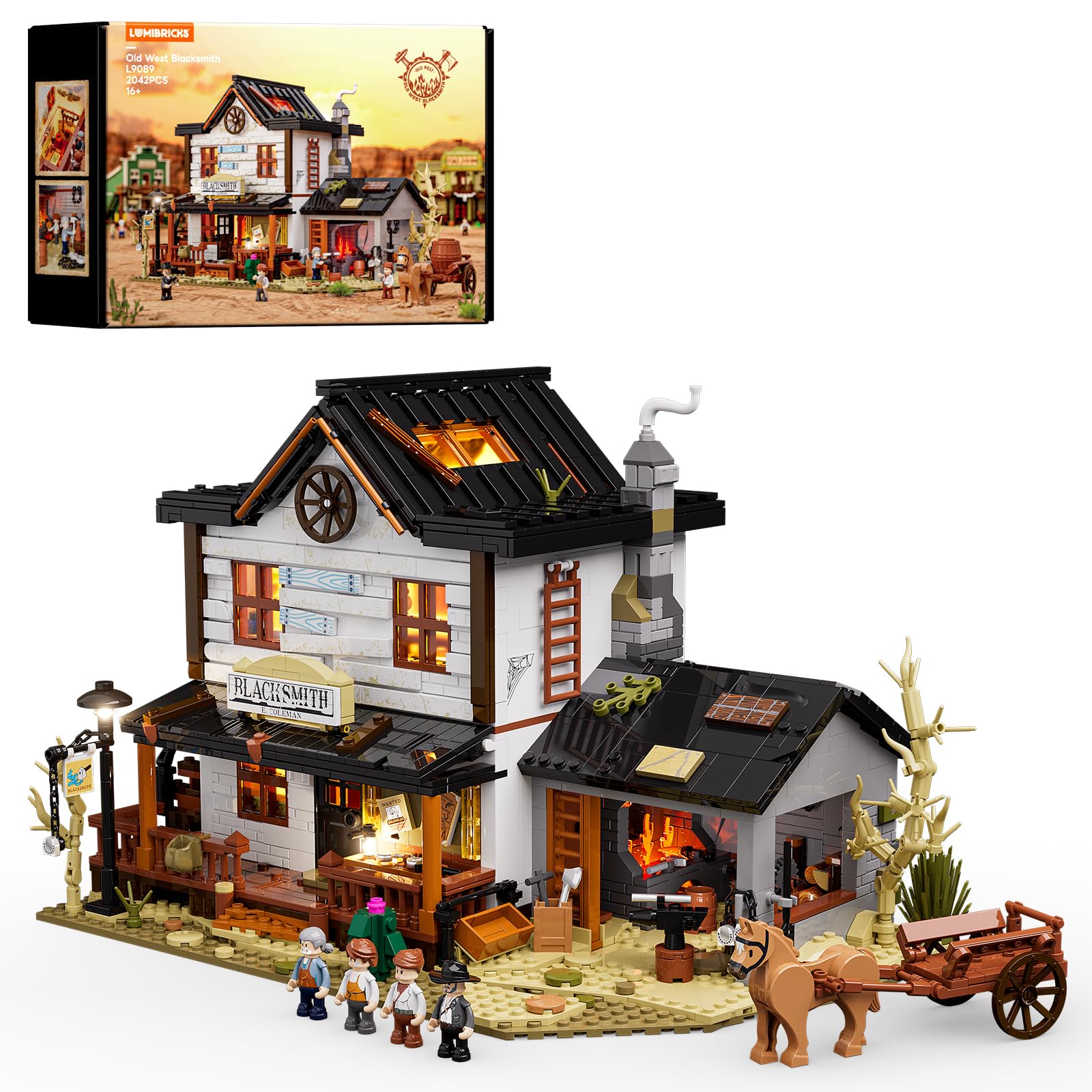 Lumibricks Wild West forge-light enhances display ambiance with a warm, flickering forge glow.