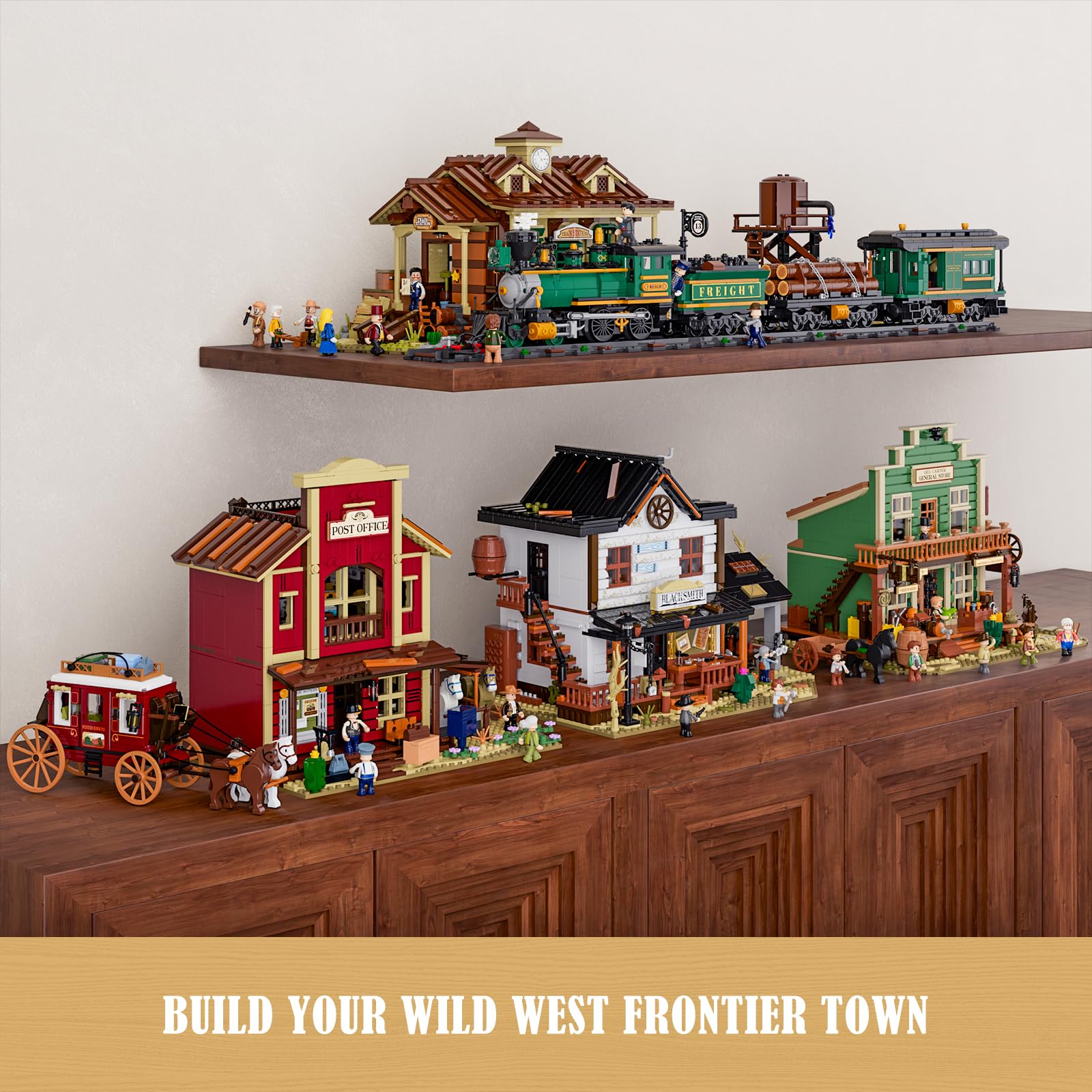 Lumibricks Wild West weathered-wood exterior underscores rugged frontier aesthetics on display.